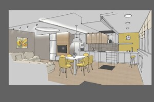 Заказать в г. Мелитополь Блиц-дизайн-проект интерьера онлайн . Кухня-гостиная 32 м2. Вид 2